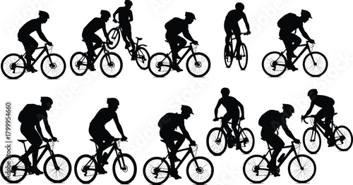 cycling, silhouette, posture, motion, bike, ride, gear, helmet, pedal, icon, backpack, style, lean, upright