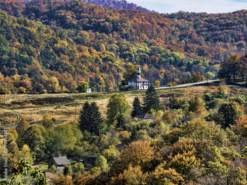 Beautiful colorful autumn scenery along the Piva River. Montenegro