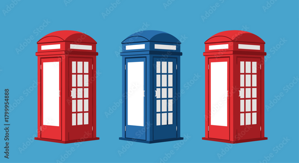 Obraz premium Iconic British red and blue phone booths stand in a row against a vibrant blue backdrop, representing travel and communication