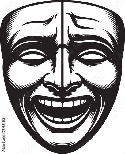 Black and white illustration of a laughing theatrical mask theater comedy