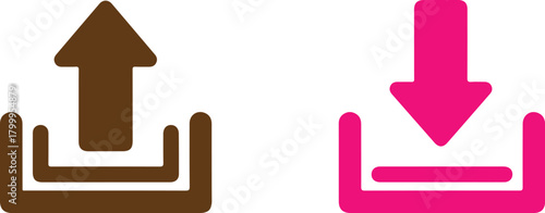 A set of brown and pink vector icons representing upload and download actions for web design and user interface