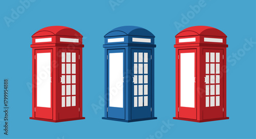 Iconic British red and blue phone booths stand in a row against a vibrant blue backdrop, representing travel and communication