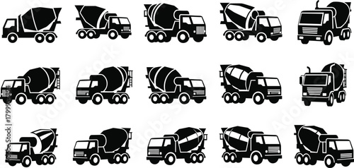 cement, mixer, truck, silhouette, posture, motion, drum, gear, icon, wheel, cab, build, transport, style