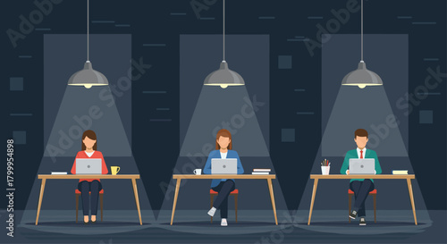 Professionals focused on laptops at desks under industrial lamps, symbolizing modern work and productivity