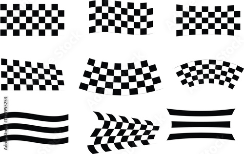 Checkered Flags and Racing Stripes Designs - Set of Black and White Graphic Elements for Sport and Competition Themes