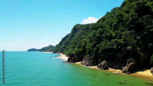 Aerial view of Pantai Bukit Keluang, Besut, Terengganu, showing turquoise waters, coastal cliffs, and clear sunny skies along the scenic shoreline.