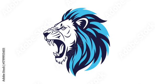 A roaring lion with a blue mane and sharp teeth opens its mouth in an aggressive stance.