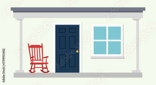 Cozy red rocking chair awaits on inviting porch beside welcoming front door and bright window