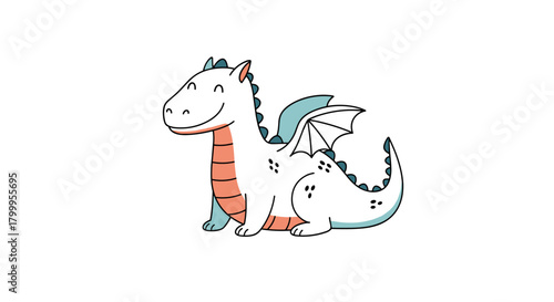 A cute cartoon white dragon with blue wings and a smiling face sits calmly on a white background.