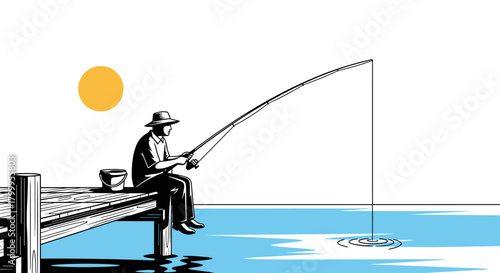 A man enjoys a peaceful day of fishing from a wooden pier under the warm sun.