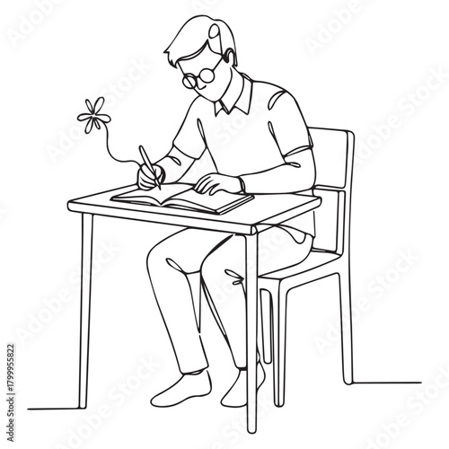 A line drawing depicts a person seated at a desk, writing in a book with a flower.