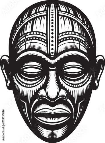 Black and white tribal mask with intricate patterns and facial features African mask face