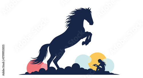 A silhouette of a powerful horse rearing up against a backdrop of stylized clouds and a figure reading a book.