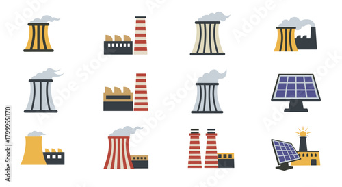 Powering the future with industrial and solar energy icons representing industry and sustainability in a modern design