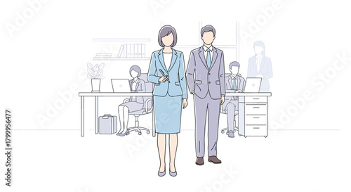 Confident business professionals collaborate in modern office setting, symbolizing teamwork and corporate success