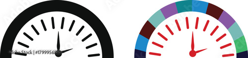 Two distinct semicircular gauge icons representing measurement and progress, one in black and white, the other with a vibrant color spectrum