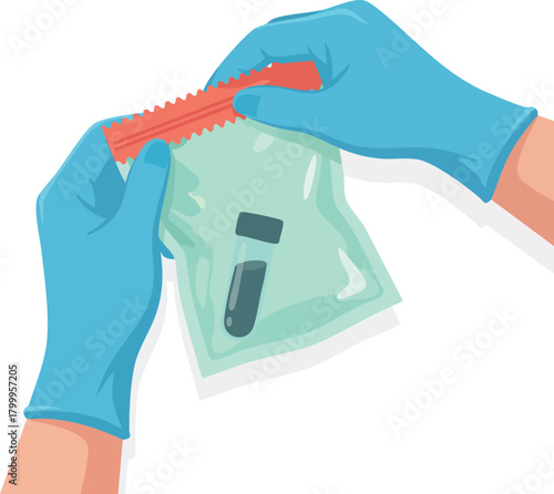 Gloved hands sealing a bio-safety sample bag containing a test tube for secure medical transport handling