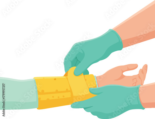 Gloved hands gently wrapping a patient’s arm with a supportive medical bandage during first-aid care