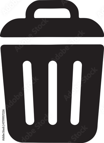 Trash can vector, bold black silhouette with lid and vertical slots — stock vector
