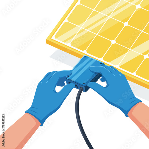 Gloved hands connecting a cable to a solar panel component, performing careful installation of renewable energy equipment