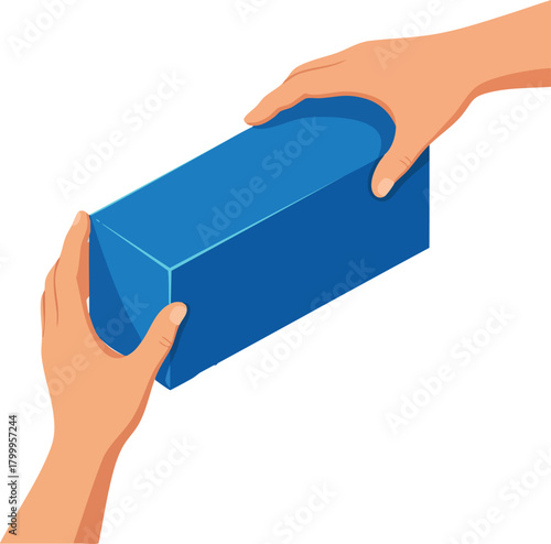 Two hands gripping a solid rectangular blue block, lifting or positioning it with controlled effort