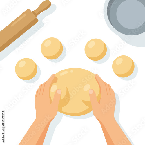 Hands kneading soft dough on a baking surface surrounded by dough balls, rolling pin, and pan