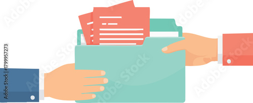Two people exchanging a folder filled with documents, symbolizing information sharing or professional file transfer
