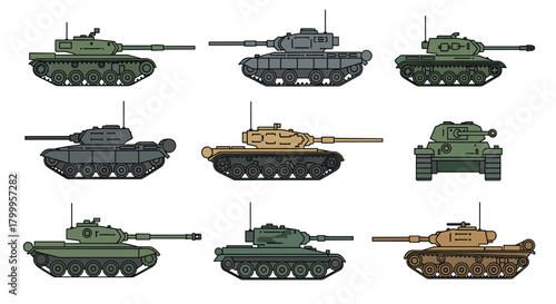 Collection of diverse military tanks in various colors and styles, perfect for historical projects or defense industry visuals