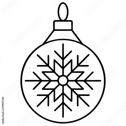 Linear Christmas tree ornament icon with snowflake details, minimal aesthetic, editable stroke.