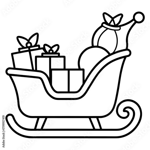 Outline vector of Santa’s sleigh filled with presents, clean geometric lines, stroke-only style.