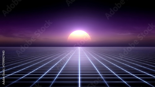 Retro futuristic neon landscape with glowing grid under purple sunset sky and vibrant horizon in 80s style digital artwork