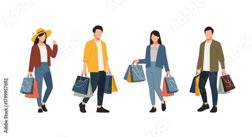 Diverse group of happy shoppers carrying colorful bags after a successful shopping spree, conveying joy and satisfaction