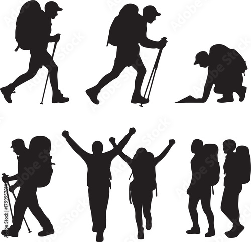 Hiking And Backpacking Silhouette Poses Vector Keywords: hiking, backpacking, trekking
