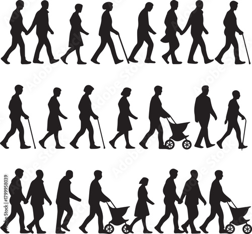 Silhouettes of people walking with strollers and canes on white background woman