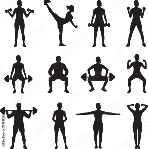 Silhouettes of women and men exercising with weights and barbells Keywords: fitness, exercise