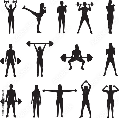 Silhouettes of women performing various weightlifting and fitness exercises Keywords: fitness