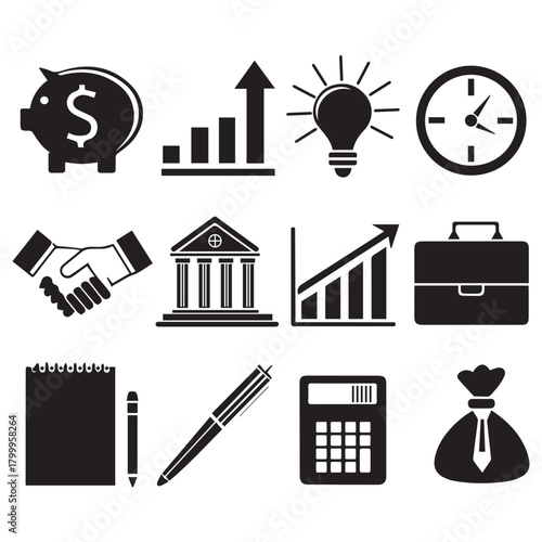 Collection of Business, Finance, Banking, Investment, Growth, Productivity, Office, and Corporate Management Icons for Professional and Commercial Use, Best Business Vector Silhouette