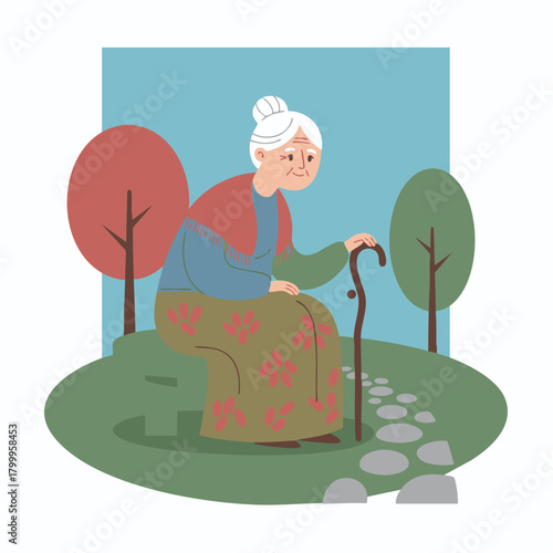 紅葉と石畳の小道を背景にした、リラックスしたリタイア後の生活イメージ