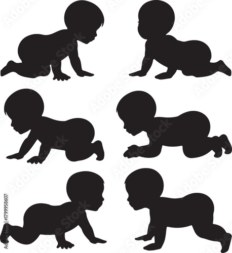 Six Black Silhouettes of Babies Crawling on White Background baby infant