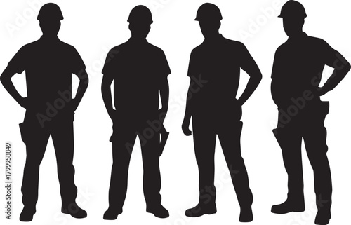 Four Silhouettes of Construction Workers with Hard Hats group team