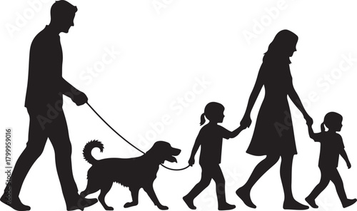 Family Walking Dog Together Silhouette Vector
