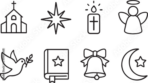 Minimalist church icon set: religious symbols in linear design