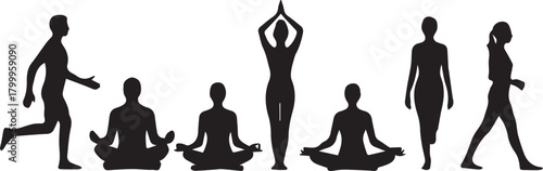 Yoga And Walking Silhouette Poses Vector Graphics Keywords: yoga, meditation, wellness, fitness