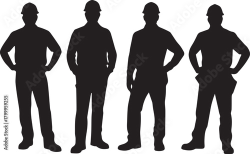 Four Silhouettes of Construction Workers in Hard Hats on White Background Keywords: construction