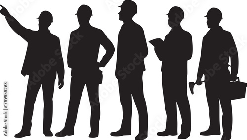 Five Silhouettes of Construction Workers with Tools on White Background Keywords: construction