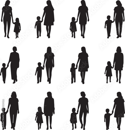 Silhouettes of mothers holding hands with children walking family parent