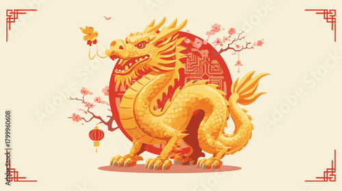 Golden dragon statue lunar new year radiant golden chinese dragon with cherry blossoms and red lantern festive spring festival atmosphere
