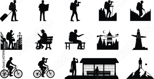 travel, explore, silhouette, posture, motion, map, suitcase, hike, bike, bench, icon, city, nature, scene