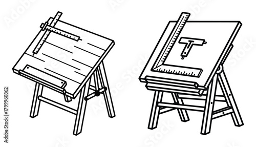 Architect drafting table with drawing board, T-square and ruler technical design illustration