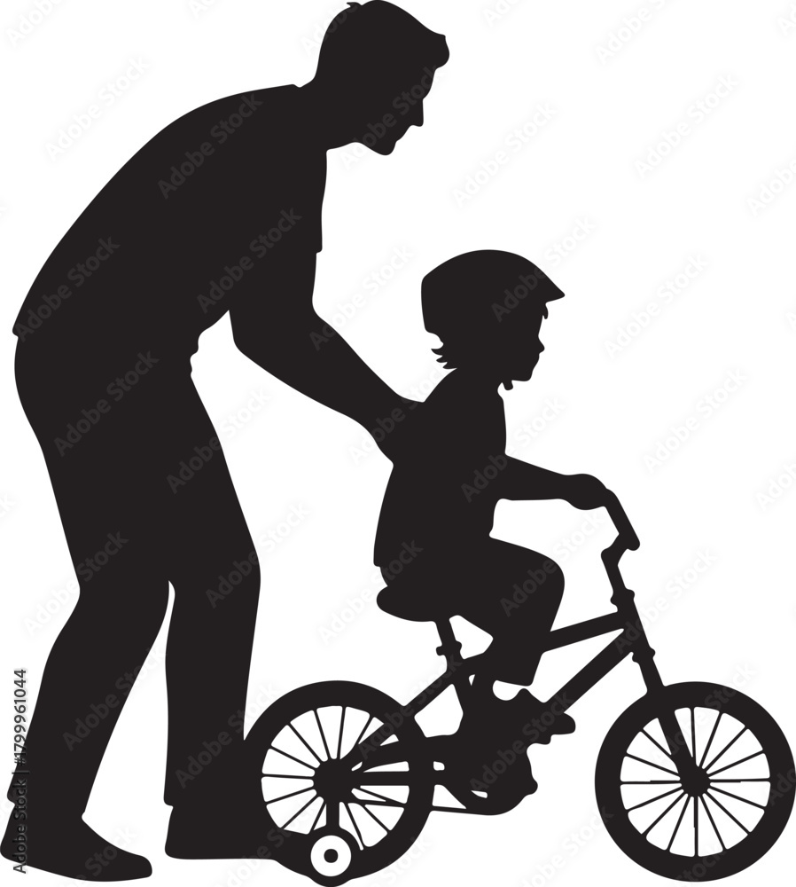 Obraz premium Father Teaching Child to Ride Bicycle Silhouette.